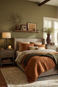 a bedroom with a bed, nightstands and window in it's center area