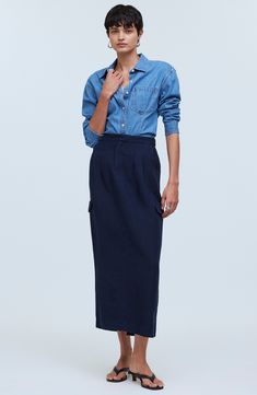 Deep cargo pockets lend trend-right charm to this column skirt that's cut with a kiss of linen. 34" length (size 2) 76% viscose, 24% linen Machine wash, line dry Imported Fitted Utility Skirt With Patch Pockets, Relaxed Fit Long Cargo Skirt For Work, Relaxed Long Cargo Skirt For Work, Workwear Cargo Skirt With Pockets, Relaxed Cargo Skirt With Pockets For Work, Casual Fitted Linen Maxi Skirt, Fitted Linen Casual Maxi Skirt, Fitted Linen Pencil Skirt, Fitted Linen Maxi Skirt Casual Style