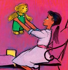 a drawing of a woman holding a teddy bear in her arms and sitting on a chair