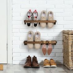 Whether displaying footwear in a retail store or organizing your collection of shoes and boots, this wall-mounted storage rack is an excellent way to keep your collection efficiently stored, yet easily visible and accessible. This organizer rack features a simple wood bar that holds sneakers and slippers and keeps them off the floor and out of the way. Perfect for an entryway, mudrooms, or walk-in closets and is easy to mount to most wall surface Shoe Racks For Closets, House Storage Ideas, Mounted Shoe Rack, Wall Shoe Rack, Burnt Wood Finish, Entry Organization, Narrow Closet, Wall Mounted Shoe Storage, Wall Mounted Shoe Rack