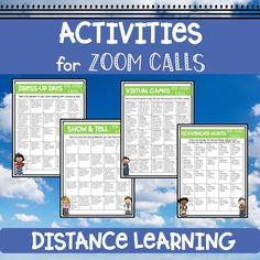 four posters with the words distance learning activities for zoom calls and other activities to help students learn