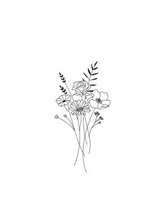 a black and white drawing of flowers on a white background