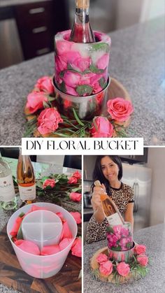 a collage of photos with pink flowers and wine bottles on top of the table