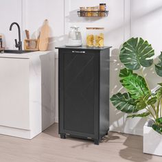 a black cabinet sitting next to a sink in a room with white walls and wooden floors