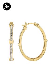 Emulous��� Round white diamond accent, 14k yellow gold over brass hoop earrings. Measure approximately 1 & 1/4"L x 1/8"W and have saddleback backings. White rhodium enhanced prongs. Gold Hoop Diamond Earrings With Accents, Gold Hypoallergenic Hoop Diamond Earrings, Hypoallergenic Gold Hoop Diamond Earrings, Hypoallergenic Gold Diamond Hoop Earrings, Gold Hoop Diamond Earrings Channel Set, Gold Hoop Jewelry With Channel Set, Classic Gold Hoop Earrings With Diamond Accents, Brass Hoop Earrings, Brass Hoops