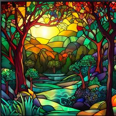 a stained glass window with trees and water