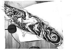 a black and white drawing of a woman's arm with swirls on it