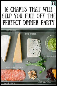 an image of cheeses and meats on a tray with the words, 16 chart's that will help you pull off the perfect dinner party