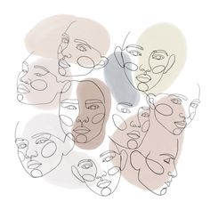 a group of people with faces drawn in different colors and shapes, all facing the same direction