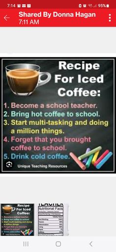 a sign that says recipe for iced coffee on the front and back of it, with instructions