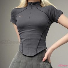 Qteee - Stylish Zippered Stand Collar Short Sleeve Top for Casual Sports Slim Fit Sweater, Split Design, Sporty Casual, Sports Top, Sweater Set, Cut Design, Short Sleeve Top, Stand Collar, Pretty Outfits