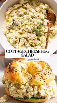 two pictures with different types of food in them and the words cottage cheese egg salad