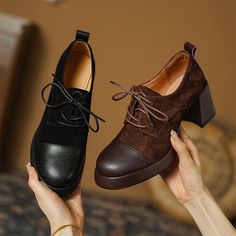 Color Blocking, 65mm Block Heel. These Oxford Shoes are All Made Of Top Layer Leather, Soft, Flexible And Comfortable, Hand-Cut, Wearing Your Unique Beauty. Details Determine Success Or Failure. Color: Brown/BlackMaterial: Cow Leather and Suede SheepskinLining: Genuine LeatherInsole: Cow Leather Sole: RubberHeels: 6.5Cm/2.56"Fit: Medium to Wide, Runs Normal.Origin: Made in China Production Time: About 5-7 days (Any exceptional case will email you, Please pay attention to your email left) Shippin Comfy High Heels, Oxfords Shoes, Close Toed Shoes, Dark Academia Shoes, Oxford Shoes Heels, Medium Heel Shoes, Autumn Shoes Women, Oxford Boots, Buckle Ankle Boots