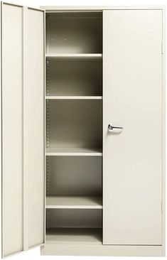 an open white cabinet with shelves and doors