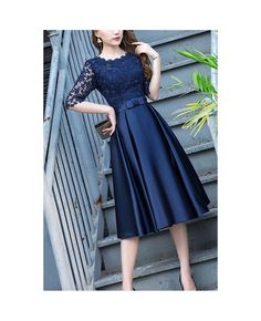 Get 10% off now! Buy navy blue lace and satin homecoming dress modest with half sleeves at cheap price online. Free stable shipping and pro custom service since 2009. Homecoming Dresses Modest, Blue Dress Outfits, Long Gown Design, Simple Frocks, Satin Homecoming Dress, Lace Dress With Sleeves, Classy Dress Outfits, Frock Design, Classy Dress