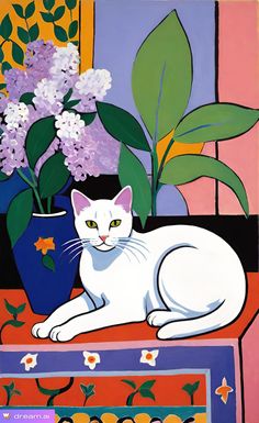 a painting of a white cat sitting in front of flowers