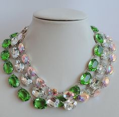 These Anna Wintour style statement necklaces are made with beautiful oval crystals in two size, small 10x14 mm in Rose color and large 13x18 in beautiful Green and Crystal color. The crystals are accentuated beautifully with the silver setting. You can wear them separately or layer them all together for full impact,  sure to get compliments and attention. Their versatility makes them perfect for parties and other celebratory gatherings. Quality of the stones and settings makes them a perfect candidate for becoming heirloom pieces. It is elegant, classy and very "Anna Wintour style". Crystals - 10x14 mm Oval point back strass. Crystal Colour - Rose. Necklace setting - Silver plated Brass (nickel, cadmium and lead free). Necklace length - Measures 16 inches, it also has 1,5 inch extension ch Anna Wintour Style, Necklace Gold Jewelry, Statement Necklace Gold, Three Necklaces, Necklace Swarovski, Anna Wintour, Gold Statement Necklace, Swarovski Necklace, Tennis Necklace