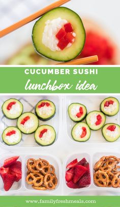 cucumber sushi lunch box idea with strawberries and pretzels