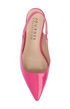 A fluted kitten heel sharpens the silhouette of an elegant slingback pump with a pointed toe. Slingback strap Synthetic upper, lining and sole Imported Feminine Slingback Pumps With 4-inch Heel For Spring, Pink Slingback Pumps With Branded Heel Counter, Pink Ankle Strap Slingback Pumps With Branded Heel, Chic Pink Block Heel Slingback Pumps, Pink Slingback Pumps With Sculpted Heel, Pink Slingback Pumps With Sculpted Heel And Ankle Strap, Spring Evening Slingback Pumps With Almond Toe, Pink Low Heel Slingback Pumps For Evening, Pink Slingback Pumps With Sculpted Heel For Formal Occasions