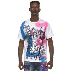 Nwt. Unity Dripping Tee - Royal/Fuchsia. Size S. Pit To Pit 19" Flat, Shoulders 17.5", Sleeves 8", Length 27.5". Streetwear Cotton Tops With Paint Splatter, Cotton Paint Splatter Tops For Streetwear, Casual Paint Splatter T-shirt For Streetwear, Short Sleeve Graphic Tee With Paint Splatter, Casual T-shirt With Paint Splatter For Streetwear, Pink Graffiti Print Top For Streetwear, Paint Splatter Graphic Tee With Crew Neck, Graphic Tee With Paint Splatter And Crew Neck, Pink Graffiti Print Top For Spring