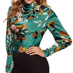 100% Polyester.Fabric Has No Stretch. Elegant High Neck Floral Blouse,Very Cute For Going Out And Work. Measurements L: Shoulder: 15.75'', Bust: 41.5'', Waist Size: 36.75'', Length: 24.75'', Sleeve Length: 26.75'', Bicep Length: 16.75'', Cuff: 8'', Xl: Shoulder: 16'', Bust: 43.75'', Waist Size: 39'', Length: 25'', Sleeve Length: 27'', Bicep Length: 17.5'', Cuff: 8.5'', Model Measurements Size : S Height:68.9inch ,Bust: Trendy Floral Print Office Blouse, Trendy Floral Print Office Tops, Green Long Sleeve Tops With Floral Print, Trendy Floral Print Top For Office, Trendy Office Tops With Floral Print, Green Printed Blouse For Party, Printed Green Blouse For Party, Elegant Printed Tops For Office, Elegant Printed Tops For The Office