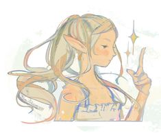 a drawing of a girl with long blonde hair holding a wand and pointing to the side