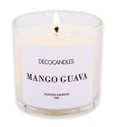 a candle that reads mango guava in front of a white background with the words decocandles on it