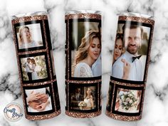 two personalized tumbles with photos on them, one has a bride and the other is groom