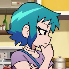 an anime character with blue hair standing in a kitchen next to a stove top oven