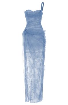 One Shoulder Lace Corset Maxi Dress Blue Pale Blue Long Dress, White Dress With Blue Corset, Colorful Lace Dress, Light Blue Dress Gold Accessories, Shell Cup Dress, Senior Prom Dresses Blue, Draped Corset Dress, Cobalt Blue Gown, Sea Glass Dress