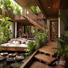 a living room filled with furniture and lots of plants on top of the wooden floor