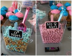 two pictures of cupcakes and candy in plastic containers