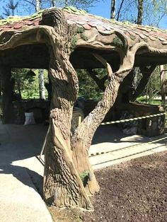 a wooden structure with trees growing out of it