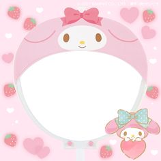 an image of a pink hello kitty sign with strawberrys around it and a cute bunny on the front