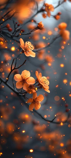 some yellow flowers on a branch with lights in the background