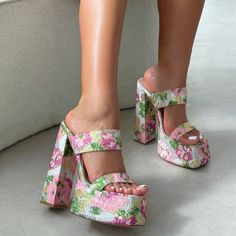 Freyja Pink Floral Jacquard Platform Heeled Sandals | SIMMI London Floral Platform Heels, Platform Heels Outfit, Patterned Heels, Shoe Goals, Funky Heels, Piercings Jewelry, Pink Platform Heels, High Heels For Prom, Dream Items