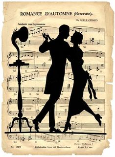 an old sheet music with the silhouettes of two people dancing