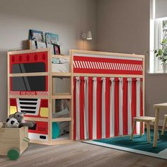 Fire Truck Bed  it's amazing Kids Bedroom Idea for Ikea Kura Bed. #FirefightingTheme #KidsFurniture Kura Bed Curtains, Curtains Loft, Kura Bed Decals, Ikea Overlays, Firetruck Bed, Boat Bed, Ikea Kura Bed, Kura Bed, Ikea Kura