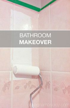 a bathroom makeover with pink tiles and white paint on the walls, including a toilet paper roller