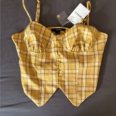 Forever 21 Plaid Yellow Shirt, Size Small, Crop Top, Brand New Trendy Plaid Tops For Summer, Trendy Fitted Crop Top Shirt, Fitted Plaid Crop Top For Summer, Fitted Plaid Tops For Day Out, Trendy Plaid Crop Top For Spring, Fitted Summer Crop Top Shirt, Forever 21 Yellow Cotton Top, Trendy Forever 21 Shirt For Spring, Trendy Spring Shirt From Forever 21