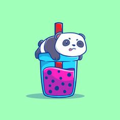 a panda bear sitting on top of a blue cup filled with pink and purple liquid