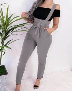 Fashion Lace-up Waistbelt Suspender Pants Jumpsuit Style Salopette, Suspender Jumpsuit, Celana Fashion, Straps Jumpsuit, Strap Pants, Casual Pants Style, Slim Hips, Western Outfit, Black Overalls