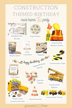 construction themed birthday party poster with pictures and text on the front, below it's name