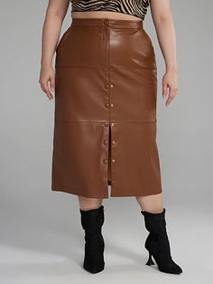 Midi Skirt Fashion, Fall Ootd, Faux Leather Midi Skirt, Fall 23, Bodycon Jumpsuit, Fashion To Figure, Leather Midi Skirt, Pullover Cardigan, Caramel Brown