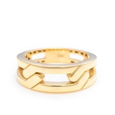 14k Solid Gold Premium Double Band Chain Ring, Real Gold Unique Design Chunky Link Ring, Handmade Fine Jewelry By Selanica 💙 The ring material is 14k solid gold, should not be confused with gold plating or filling. It will never tarnish or fade over time. We're offering the finest quality in solid gold jewelry. 💙 Our jewelry is handcrafted with love and great care at San Francisco Bay! All of our items are 14k stamped for authenticity. You will receive them exactly as pictured.  💙 Quick shipping - Your order will be handcrafted and shipped in a few days. 🎁 They are delivered in a nice jewelry box, ready to be presented as a precious gift. 💙 We also design and make custom orders. We work with diamonds and all types of gemstones. Please don't forget to add us to your favorites. Thank yo Gold Link Jewelry With Ring Detail, 14k Yellow Gold Jewelry With Decorative Band, Fine Jewelry With Yellow Gold And Decorative Band, Yellow Gold Jewelry With Decorative Band In 14k Gold, Gold Jewelry With Thick Decorative Band, 14k Gold Link Rings For Formal Occasions, Yellow Gold Link Rings Fine Jewelry, Yellow Gold Chain Ring With Open Band For Promise, Yellow Gold Oval Link Rings Tarnish Resistant