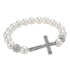 Women's Imitation Pearl Cross Bracelet Elegant Adjustable Cross Beaded Bracelets, Elegant Silver Beaded Cross Bracelets, Elegant Silver Cross Beaded Bracelets, Silver Pearl Stretch Bracelet, Pearl Cross Bracelet, Elegant White Cross Bracelets, White Cross Rosary Bracelet, Elegant White Cross Bracelet, Adjustable White Pearl Rosary Bracelet