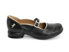 This cute and sleek mary jane style is a lean everyday casual shoe with contrasting F detail and ankle strap with a gunmetal buckle. Leather uppers and linings on a rubber signature Fellowship sole make for the ultimate comfort and durability. In fact, they're so comfortable and stylish, that they were made in custom colours (grey and burgundy) as an official uniform shoe for all female flight attendants on Air Canada rouge! We challenge you to name another fashion shoe brand that is so dependab Modern Black Mary Janes For Work, Modern Black Mary Janes With Buckle Closure, Casual Leather Mary Janes For Office, Black Casual Mary Janes For Work, Casual Black Mary Janes For Work, Modern Black Round Toe Mary Janes, Casual Leather Mary Janes With Heel Strap, Casual Mary Janes With Leather Sole For Work, Office Black Mary Janes With Removable Insole