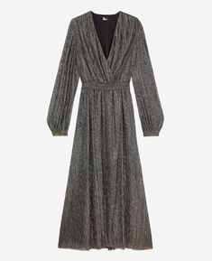 Long silver dress | The Kooples - US Chic Gray V-neck Maxi Dress, Winter Evening Maxi Dress With V-neck, Luxury Long Sleeve Holiday Dresses, Long Sleeve Midi Dress For Formal Gala, Luxury V-neck Dresses For Fall, Luxury V-neck Evening Dress, Formal Long Sleeve Midi Dress For Gala, Elegant Metallic Midi Dress For Galas, Elegant Metallic Midi Dress For Gala