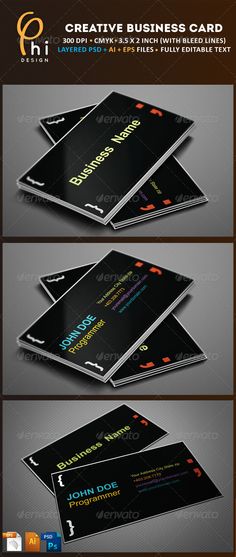 a set of three business cards with different colors and font on the front, one in black