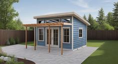 a small blue house with a patio and pergolated area in the back yard